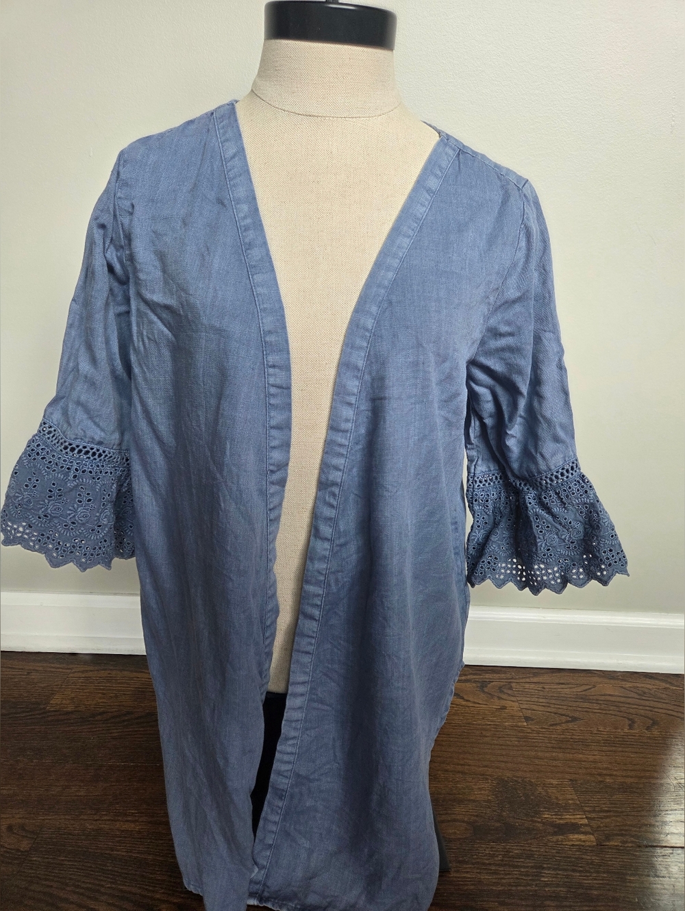 Chambray Blue Open Front Lyocell‎ & Linen Top with Eyelet Bell Sleeves